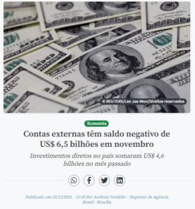 １１月の経常収支で６５億ドルの赤字計上と報じる２２日付アジェンシア・ブラジルの記事の一部