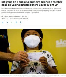 全国初の小児用ワクチン接種者となった先住民のダヴィ・セレンラミウェ君(8)(14日付G1サイトの記事の一部)