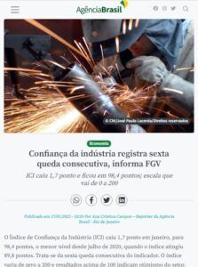 ＩＣＩが５カ月連続で低下して９８・４Ｐとなったと報じる２７日付アジェンシア・ブラジルの記事の一部