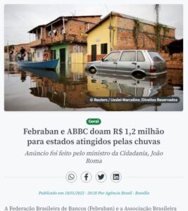 銀行連盟などが被災地への支援金を寄付と報じる１８日付アジェンシア・ブラジルの記事の一部