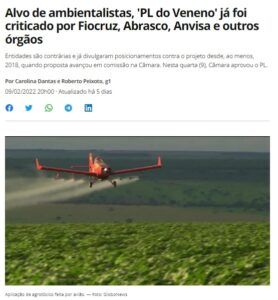 環境運動家やＦｉｏｃｒｕｚなどの諸団体が「毒法案」と批判する様子を報じる９日付Ｇ１サイトの記事の一部