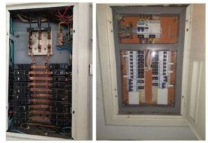老朽化した分電盤（左）を新型に入れ替えた