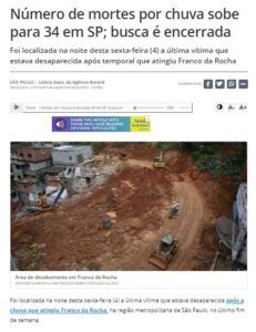 豪雨による死者が３４人になったと奉ずる４日付Ｒ７サイトの記事の一部（写真はフランコ・ダ・ロッシャの土砂崩れの現場）