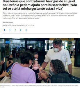 戦火の中を潜り抜け、ブラジルに帰ってきた一家とそれを迎える親族（貸し腹について報じた６日付Ｇ１サイトの記事の一部）