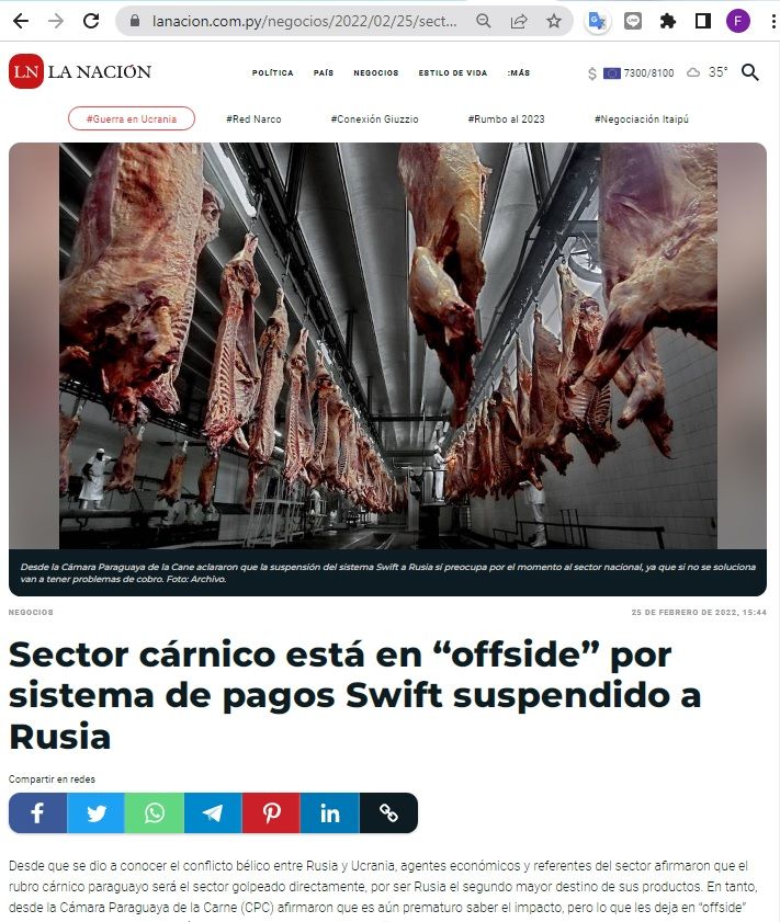 ロシアの主要銀行がＳＷＩＦＴから外されたことでパラグアイの食肉輸出に影響がでそうだと予想するラ・ナシオン紙記事の一部