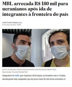 メンバーがウクライナ国境へ旅立った後、ＭＢＬが１８万レアルを集めたと報じる１日付エスタード紙の記事の一部（左がヴァル州議）