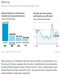 ２０２１年の熱帯雨林破壊の実態を示すグラフ（２８日付エスタード紙電子版の記事の一部）