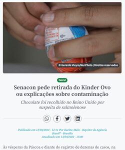 ブラジルでもキンダー・エッグの回収要請と報ずる１３日付アジェンシア・ブラジルの記事の一部