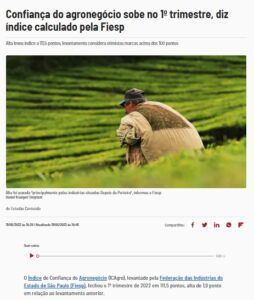 アグロビジネスの信頼感指数上昇と報じる１８日付ＣＮＮブラジルサイトの記事の一部