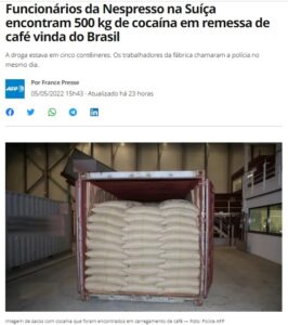 コーヒー豆のコンテナから５００キロ超のコカインが見つかったと報じる５日付Ｇ１サイトの記事の一部