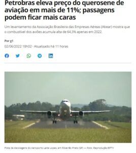 航空機用の燃料が値上がりしたと報じる２日付Ｇ１サイトの記事の一部