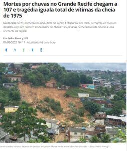 ペルナンブコ州での水害の死者が１０７人に増えたと報じる１日付Ｇ１サイトの記事の一部