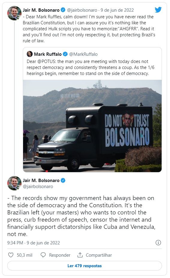 「おい、マーク・ラッフルズ」というボルソナロ大統領の投稿（https://twitter.com/jairbolsonaro/status/1535057765634560000?s=20&t=3DrXgn6M8vjiDbJ01dEDKQ）