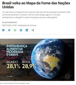 伯国がハンガーマップの対象国に戻ったと報じる６日付Ｇ１サイトの記事の一部