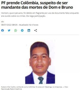 コロンビア容疑者逮捕と報じる８日付Ｇ１サイトの記事の一部