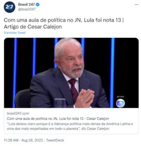 ＪＮでのルーラ氏（Twitter）