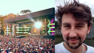 野外の舞台でのイベントとフェリペさん（Reprodução/rede social）