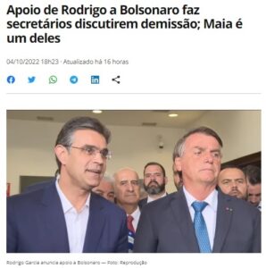 ボルソナロ氏支援を表明したガルシア知事（左）（州政府分裂と報じる４日付Ｇ１サイトの記事の一部）