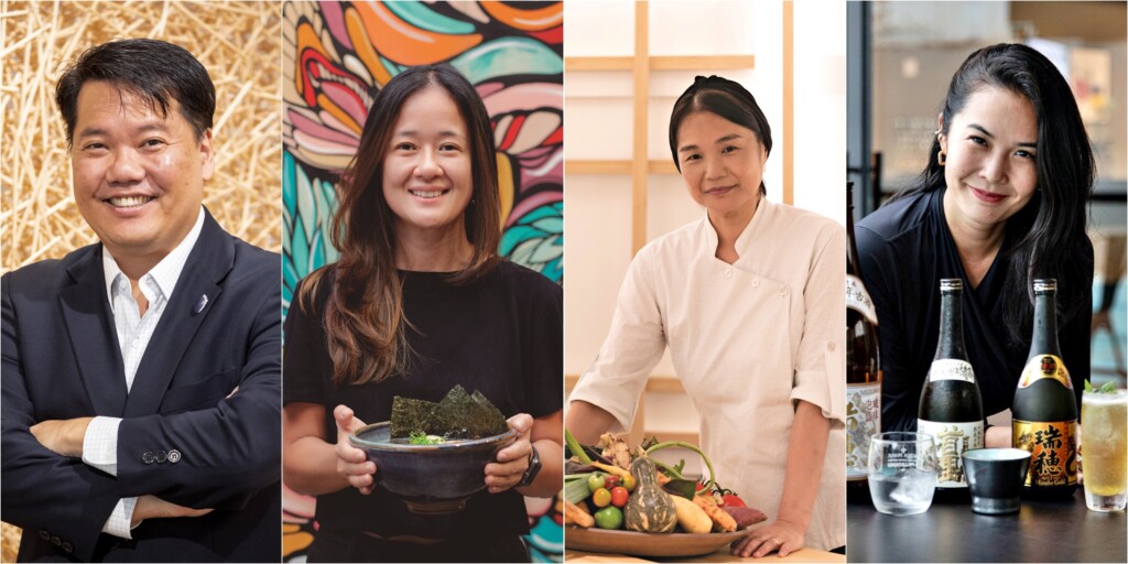 ブラジル和食協会の白石マルセロ会長、シモネ・ヒラタ副会長、白石テルマ氏とソムリエの与那城ヤスミン氏（左から）