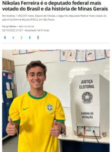 得票数１位で下議に当選したミナス州のフェレイラ氏（２日付Ｇ１サイトの記事の一部）