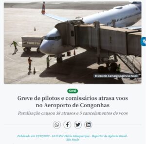 コンゴーニャス空港では３８便が遅れ、５便がキャンセルと報じる１９日付アジェンシア・ブラジルの記事の一部