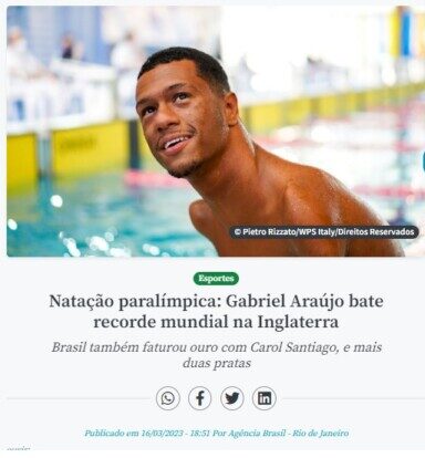 ガブリエルジーニョが１５０メートルメドレーで優勝と報じる１６日付アジェンシア・ブラジルの記事の一部