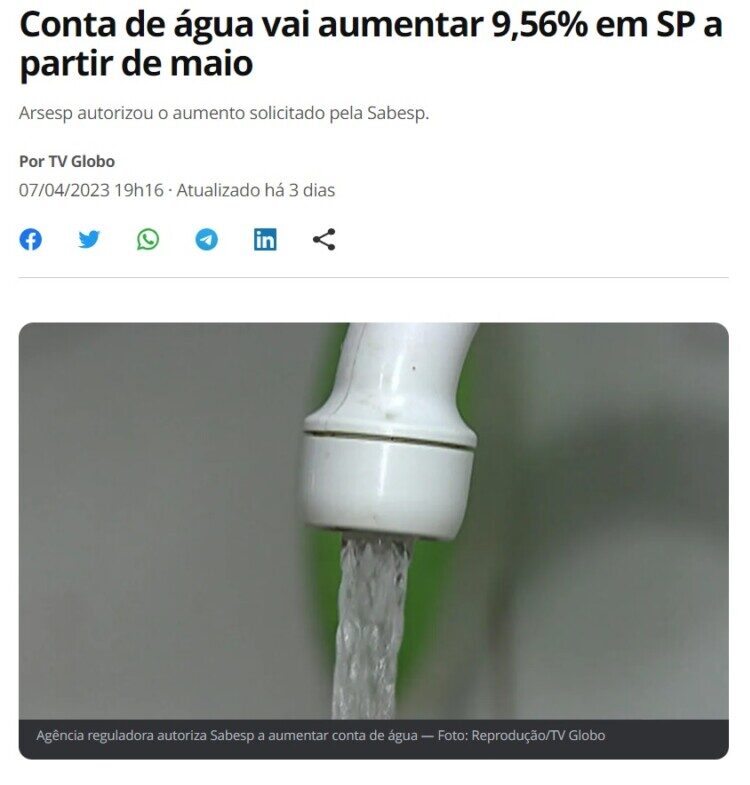 サンパウロ州の水道料金が５月から値上がりすると報じる７日付Ｇ１サイトの記事の一部