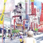 「明石屋」「スダメリス銀行」などの懐かしい看板が描かれた作品（３３番）