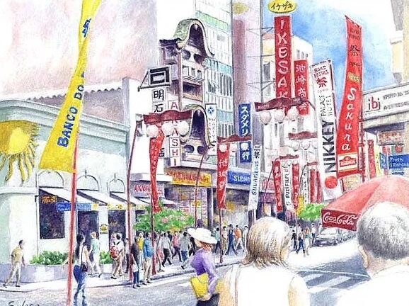 「明石屋」「スダメリス銀行」などの懐かしい看板が描かれた作品（３３番）