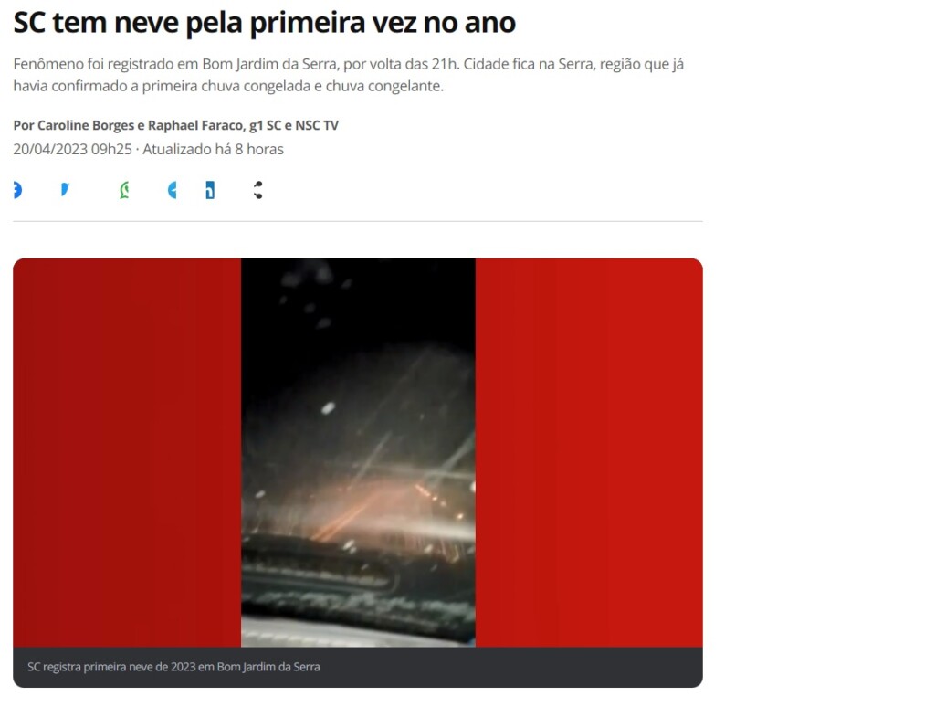 サンタカタリーナ州で初雪観測と報じる２０日付Ｇ１サイトの記事の一部