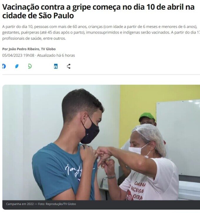 サンパウロ市でのインフルエンザの予防接種は１０日からと報じる５日付Ｇ１サイトの記事の一部