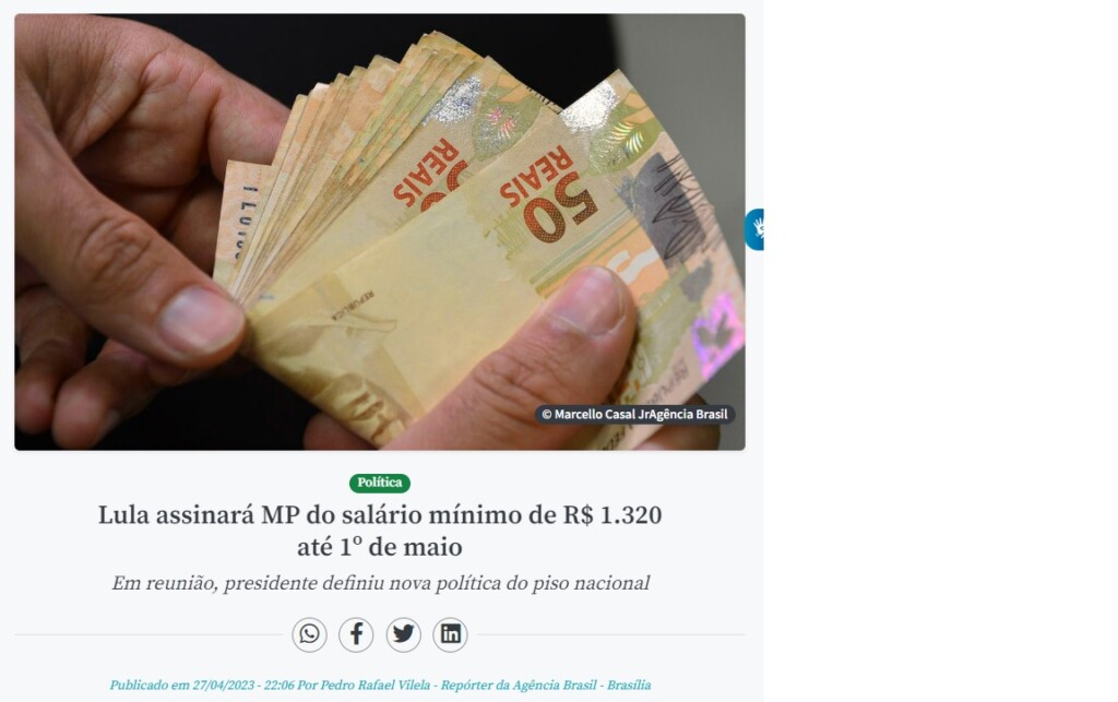 ルーラ大統領が５月１日までに最賃額を引き上げるＭＰに署名すると報じる２７日付アジェンシア・ブラジルの記事の一部