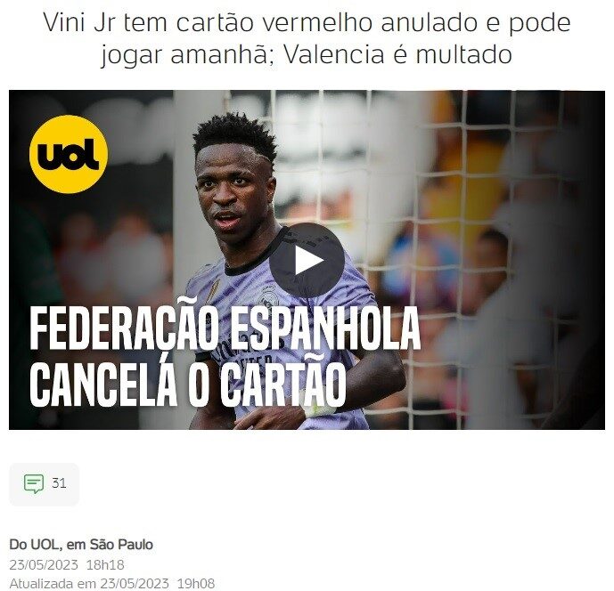 レッドカードが取り下げられ、２４日の試合にも出られると報じる２３日付ＵＯＬサイトの記事の一部