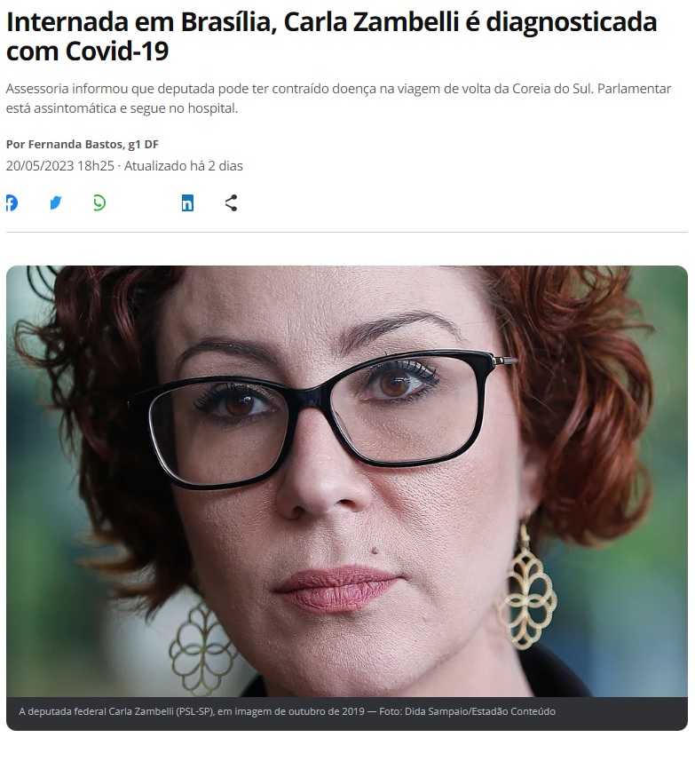 ザンベリ下議の新型コロナ感染確認と報じる２０日付Ｇ１サイトの記事の一部