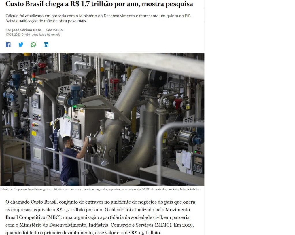 ブラジルコストが１・７兆レアルに達したと報じる１７日付オ・グローボサイトの記事の一部