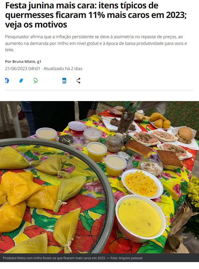 フェスタジュニーナの食卓に並ぶ伝統食の数々（２１日付Ｇ１サイトの記事の一部）