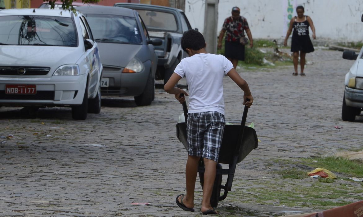手押し車で何かを運ぶ少年（©Valter Campanato/Agencia Brasil）