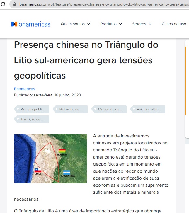 チリの情報サイト、6月16日付ブナメリカス《南米リチウム・トライアングルにおける中国の存在が地政学的緊張を生む》記事の一部