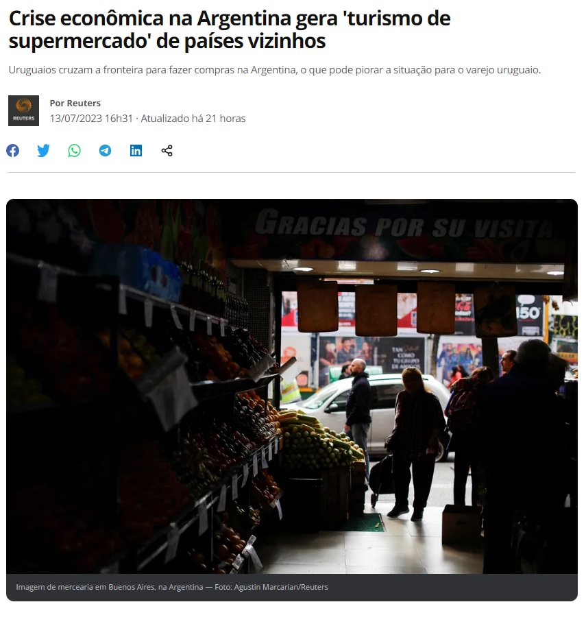 隣国からアルゼンチンへの買い物ツアーが増えていると報じる１３日付Ｇ１サイトの記事の一部