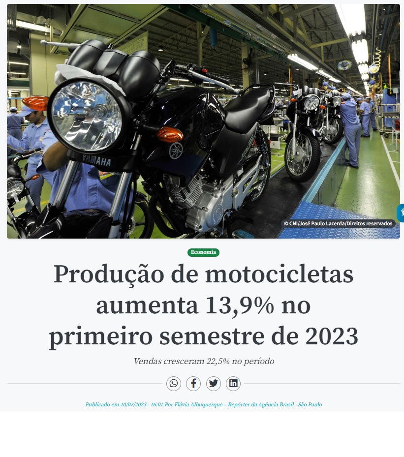 バイクの生産台数が１３・９％増えたと報じる１１日付アジェンシア・ブラジルの記事の一部