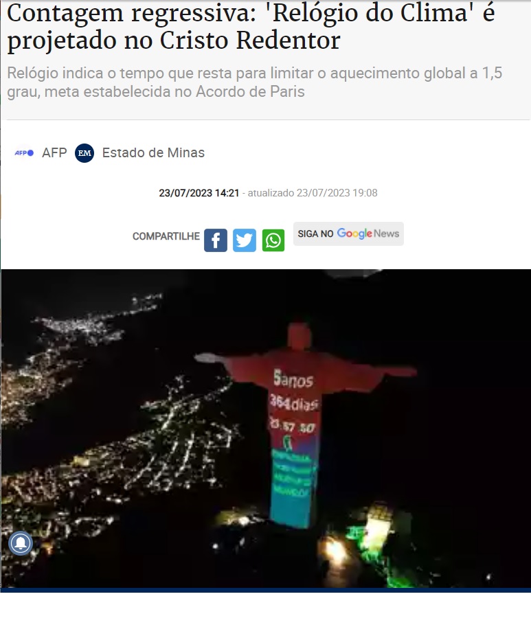 気候時計が６年を切ったことを示す照射を受けたキリスト像（２３日付エスタード・デ・ミナス紙サイトの記事の一部）