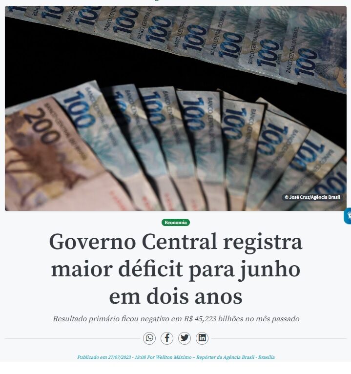 ６月の基礎的財政収支が２１年以来の大型赤字となったと報じる２７日付アジェンシア・ブラジルの記事の一部