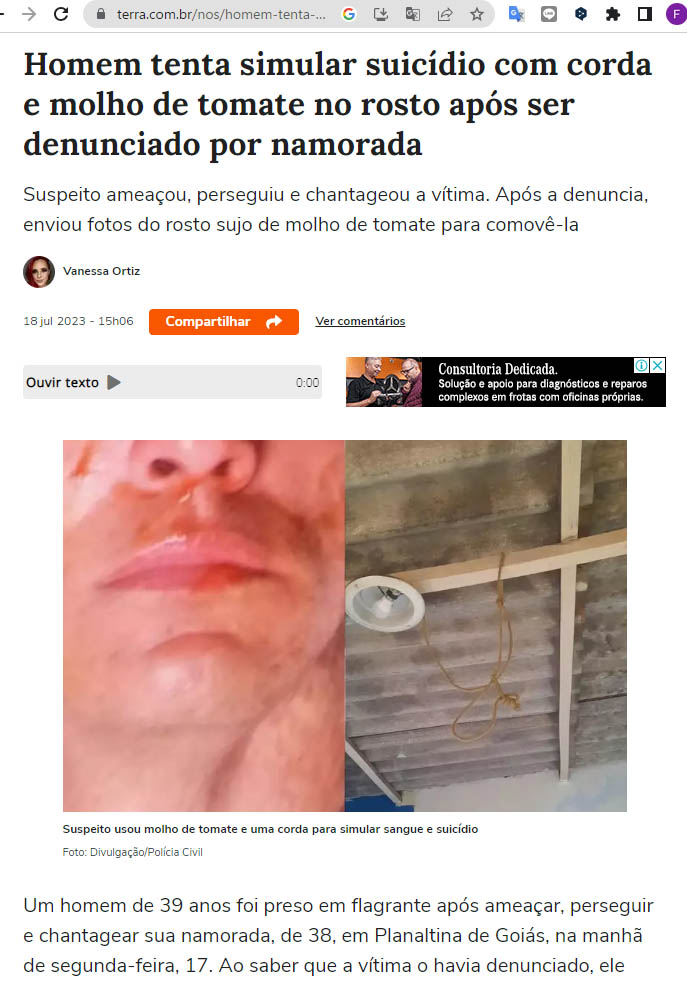 トマトソースとロープで自殺を装った写真を送り付けた容疑者（１８日付けテラサイトの記事の一部）