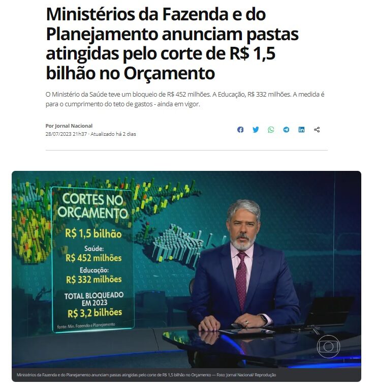 連邦政府が１０省で計１５億レアルの予算凍結を行うと報じる７月２８日付Ｇ１サイトの記事の一部
