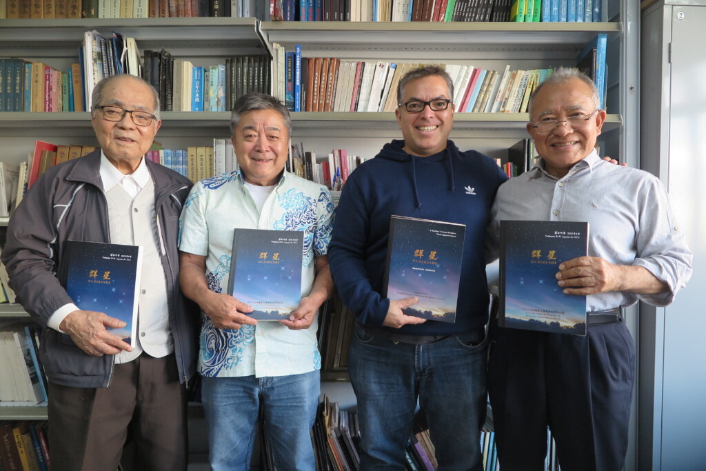 １１日に県人会館で話し合いをもった宮城さん、上原さん、奥原さん、島袋さん（左から）