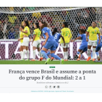 フランスがブラジルを２対１で破り、グループ１位にたったと報じる７月２９日付アジェンシア・ブラジルの記事の一部