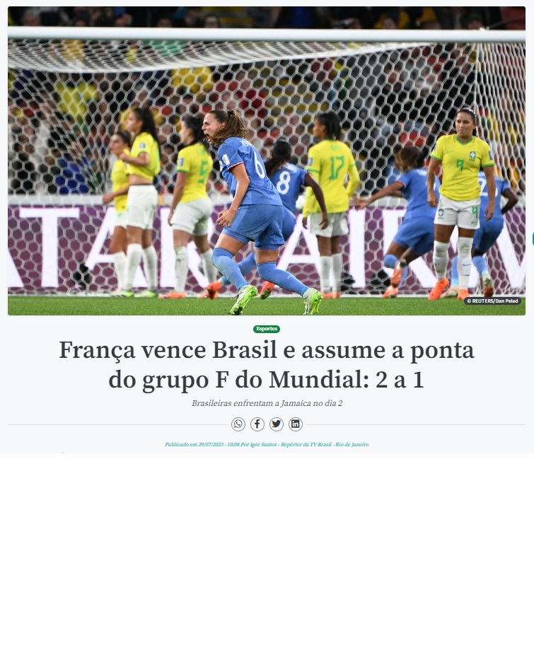 フランスがブラジルを２対１で破り、グループ１位にたったと報じる７月２９日付アジェンシア・ブラジルの記事の一部
