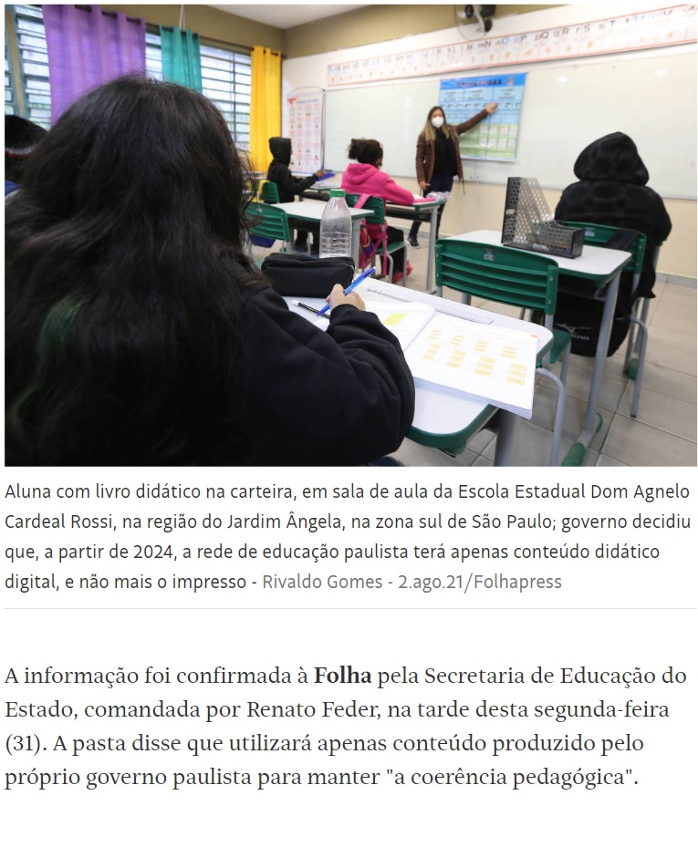 紙の教科書を使って行われている授業の様子（７月３１日付フォーリャ紙サイトの記事の一部）