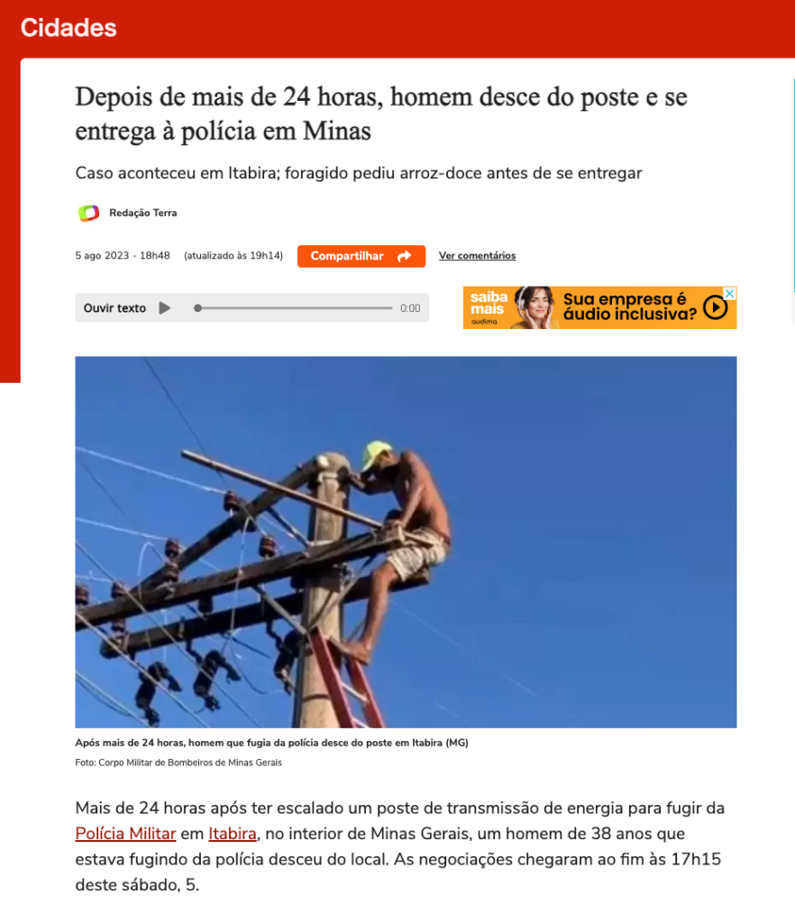 ２４時間電柱の上で過ごした逃亡犯（５日付テラサイトの記事の一部）