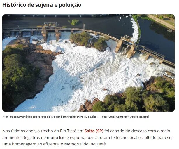 汚染物質でできた泡で覆われたチエテ川（イツー～サルト市間、１９日付Ｇ１サイトの記事の一部）